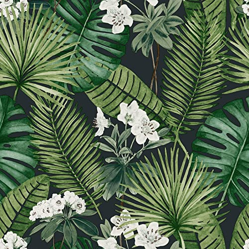 Muriva Eden Isla Tropical Leaf Plants Wallpaper Black/Green M37804