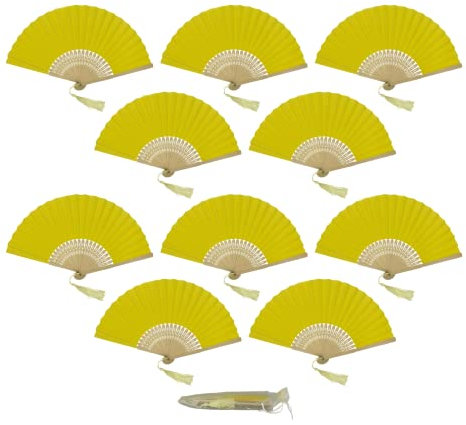Pack of 10 Paper Handheld Folding Fan with a Tassel and Grade A Bamboo Ribs for Women Girls Summer Party Favour Birthday Wedding Gift (Greenish Yellow)