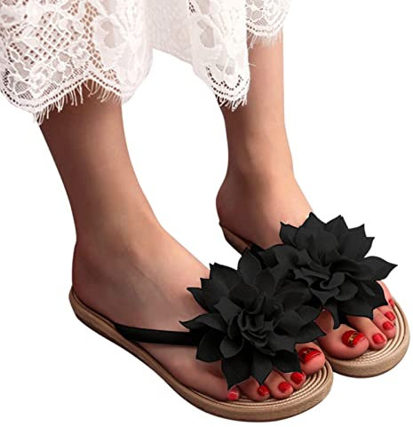 Sandali da donna con fiori, casual, scarpe da bagno, espadrille, infradito estive, da spiaggia, per il tempo libero, scarpe piatte estive alla moda, pantofole da donna, Nero , 39 EU