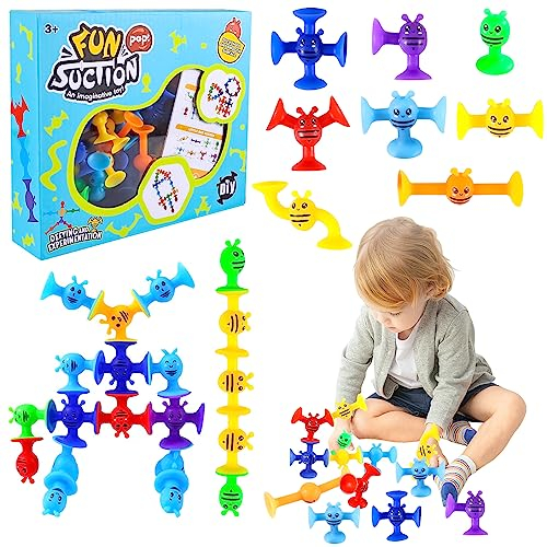 Joycabin 76 Stück Saugnapf Spielzeug, Badewannenspielzeug, Montessori Spielzeug ab 3 4 5 6 7 Jahre, Autismus Sensorik Weiche Silikonbausteine Saugspielzeug für Kinder Baby Pädagogisches Spielzeug