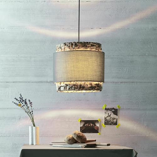 Lightbox Hängelampe im Nature Stil - Boho Pendelleuchte mit kürzbarem Kabel - 140 cm Höhe - Ø 35 cm - E27 Fassung - max. 60 W - aus Textil/Wasserhyazinthe/Metall - in Grau/Beige
