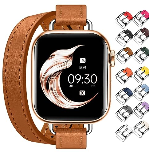 Juntan Doppeltes Lederband Kompatibel für Apple Watch 38mm 40mm 41mm 42mm 44mm 45mm 49mm, Schlankes Leder Armband Tour Ersatz für Ultra 2 iWatch SE Serie 10 9 8 7 6 5 4 3 2 1