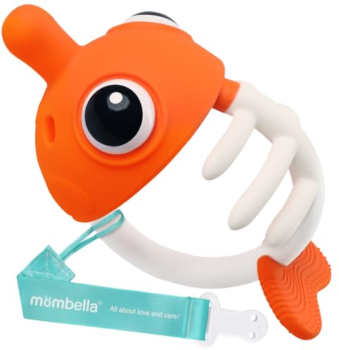 Mombella Clownfish Teether Toy Clownfisch Baby Beißring Spielzeug für Babys 0 3 6 12 Monate mit Clip, weiches Silikon Kleinkind Zahnen Spielzeug 9 Monate alt beruhigend, Spaß Geschenk für Neugeborene