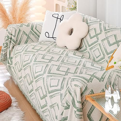 Homxi Couchbezug Zweisitzer,180x260CM,Sofabezug Rautenmuster mit Quasten Sofa Überwurf Chenille Handtuch Sofa Grün Sofaüberwurf Decke
