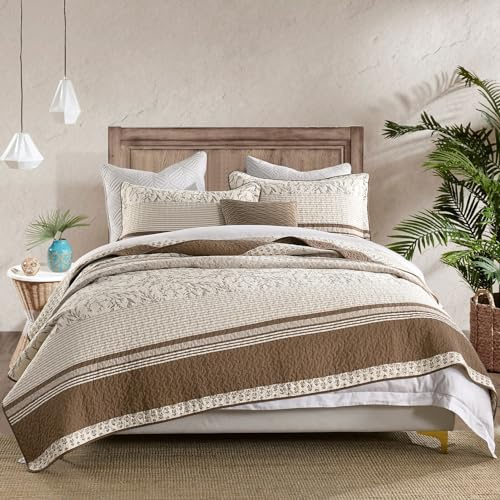 DDUOXIN 100% Cotton King Quilt - Modern Stripe Botanical Soft Bedding Set