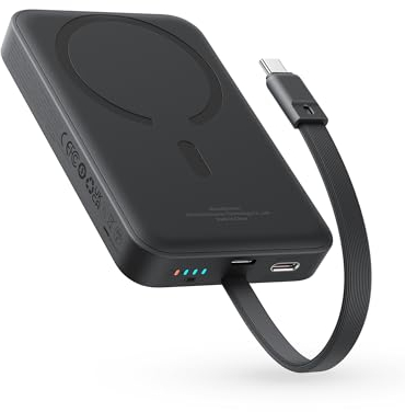 Baseus Magsafe Power Bank PD 30W, 10000mAh Batería Externa Magnética con Cable USB-C Integrado (Carga/Descarga) para iPhone 15/14/13/12 Series, Mini Power Bank, Powerbank Inalámbrico, Negro