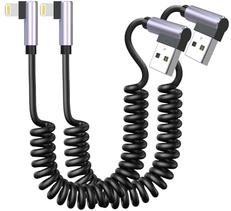 MTAKYI Cable Apple Carplay de 90 grados [2 paquetes], cargador de iPhone en espiral en ángulo recto [certificado Mfi y sincronización de datos] Cable Lightning para Iphone14/13/12/11pro Max/Xs