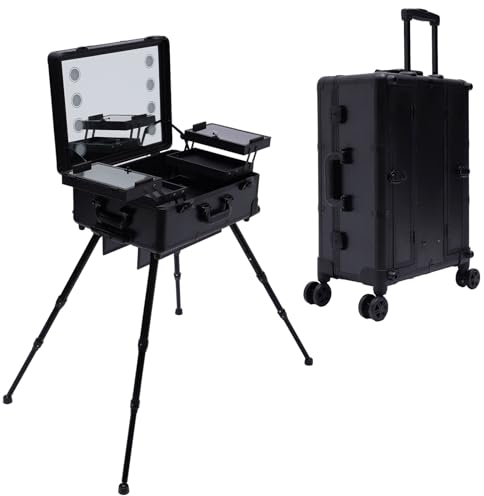 Kosmetikkoffer Trolley Schminkkoffer mit 4 Rollen & Beleuchtung & Spiegel,Make up Organizer Koffer 3 in 1 Profi Groß Schminkkoffer Friseurkoffer Beauty Case abschließbar Alu Multikoffer (Schwarz)