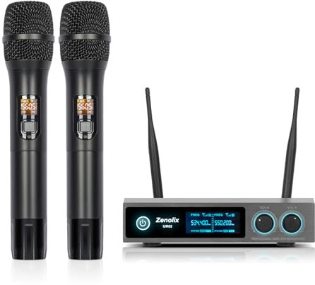Zenolix Pro Wireless Microphone System Dual Wireless Mics, 2 Handheld Dynamic Microphones, Adjustable UHF Channels, Auto Scan, Microphone for Singing, Karaoke (UM02)