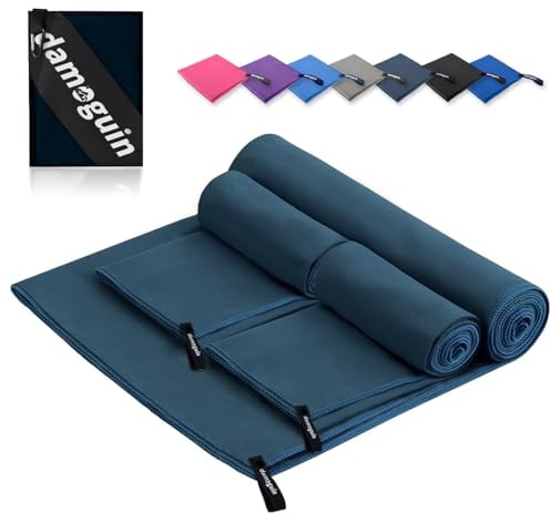 damoguin 3er-Set Mikrofaser Handtuch, Groß (180*80cm) & 2 Stück Klein (80*40cm) Schnelltrocknende Microfaser Fitness Handtücher, als Sporthandtuch, Strandtuch, Badetuch und Reisehandtuch (Marineblau)