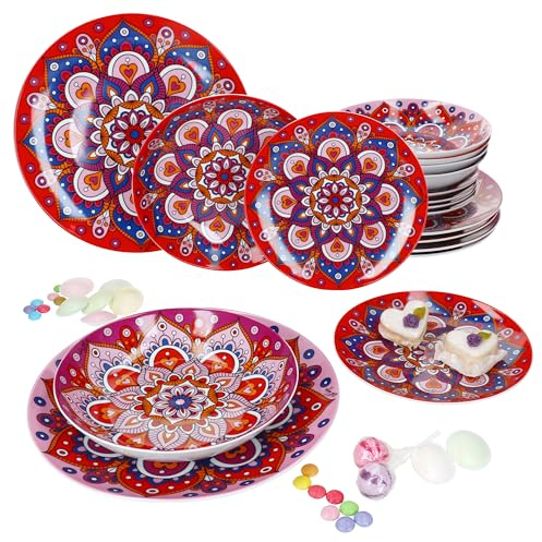 MamboCat Bayram Lot de 18 assiettes en faïence rose rouge avec motif mandala oriental pour 6 personnes I 6 assiettes plates, 6 assiettes creuses 400 ml et 6 assiettes à dessert en rose, rouge et