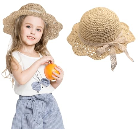 Baby Strohhut, Mädchen Sommer Kinder Strandhut mit Bogen Faltbar Sonnenhut