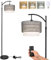 Rayofly Arc Floor Lamps for Living Room, Dimmable Floor Lamp with Remote Control, Boho Standing Lamp with Rattan & Linen Lampshades, Grey Corner Floor Lamp for Bedroom Office, Smart LED Bulb Included