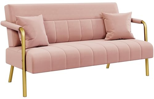 costoffs Velvet Loveseat with 2 Pillows, Golden Legs for Small Space, Pink | GOLD-TONE HARDWARE: Striking golden metal arms & legs paired with soft velvet upholstery for elegant modern home decor