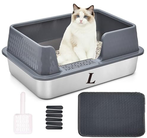 Suhaco Bandeja de Arena para Gatos en Acero Inoxidable con Tapa y Pala para inodoros de Gatos High Edge XL fácil de Limpiar, Gran Bandeja de Arena para Gatos (M, Gris).