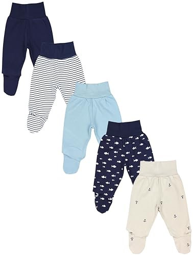 TupTam Baby Strampelhose Jungen Mädchen Hose mit Fuß 5er Pack, Farbe: Anker Fische Blau Türkis, Größe: 80