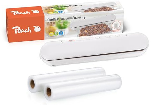 Peach Vakuumiergerät To-Go!| kabellos | Lebensmittel natürlich Frischhalten | kein Foodwaste mehr | inkl. 2 Rollen Vakuumierfolie | PH330P, Weiß