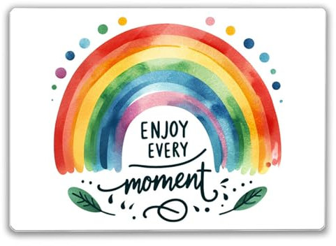 Regenbogen Schneidebrett mit Spruch Enjoy every moment Motivation in regenbogenfarben Buntes Design mit Rot Orange Gelb und Grün Lebensfreude pur
