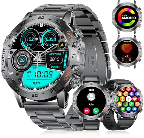 LIGE Smartwatch Herren Militär mit 530mAh Akku, 1.43'' AMOLED Sportuhr mit Telefonfunktion(3 Bänders), Herzfrequenz, SpO2, Schlafmonitor, IP68 Wasserdicht 120+ Sportmodi Fitnessuhr für Android iOS