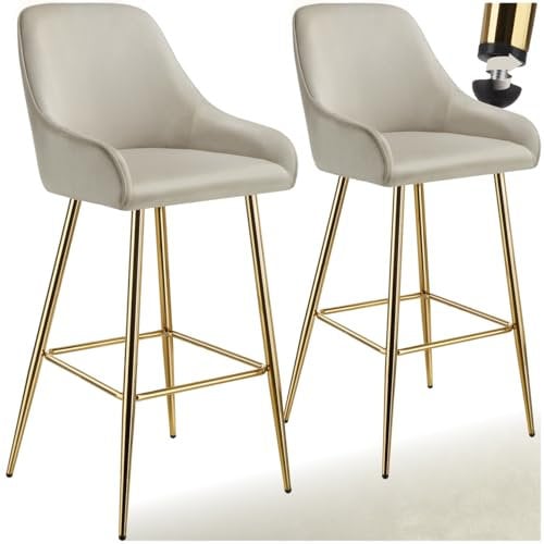 tectake® Barhocker mit Lehne, Barhocker Samt Stuhl, Sitzhocker mit Fußstütze, Bar Stool, Schalenstuhl Hocker mit Lehne, Tresenhocker, Tresenstuhl, Barstuhl mit Lehne - Samt Creme/Gold, 2er Set
