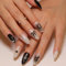 Tressora Black Press on Nails Medium Almond Fake Nails with 3D Alloy Bow Pearl Designs Black Gradient Full Cover Water Drops Silver Star Glossy Acrylic Nails for Women 24Pcs