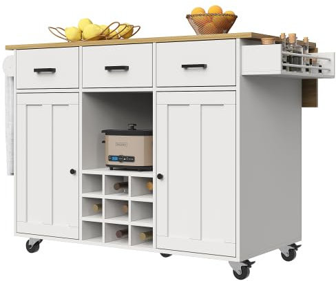 Huayz Carrito isla de cocina con encimera plegable, armario de cocina con ruedas con 3 cajones, estante para especias y 2 puertas, isla de cocina móvil, para cocina y comedor