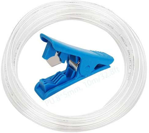 CESFONJER Air Compressor Hose, Polyurethane Pneumatic Hose OD 8mm x ID 5mm with Blue Pipe Cutter, Transparent PU Tubing Used for Gas Source Transmission (10M)