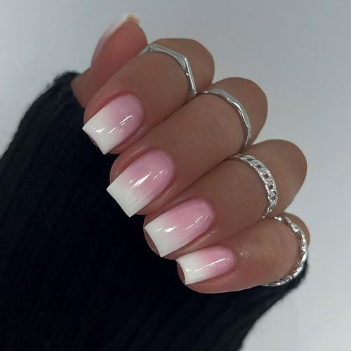 Ombre False Nails - Short Square Press on Nails - 24Pcs Pink White Fake nails with Glue - 15 Sizes Gradient Stick on Nails for Women - Summer nails Press on Full Cover DIY Manicure