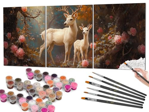 Bougimal Peinture par numéros pour Adultes, avec pinceaux et peintures acryliques, Triptyque, Cerf parmi les fleurs, 3 Pièces 40x50cm(Sans Cadre)