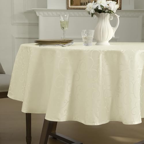 Romanstile lagre Round Tablecloth 180cm Cream,water resistant Stain Resistant Washable Table Cloths Wrinkle Free Table Cover Jacquard for Spring, Party, Dining, Birthday, Wedding, Outdoor, Easter