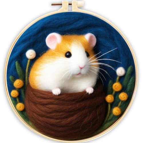 WOWDECOR Needle Felting Kit Picture for Beginners Adults, Hamster Nest Flower DIY Wool Felt Painting Starter Kits with Mat, Embroidery Hoop and Tools for Home Decor (Mouse)
