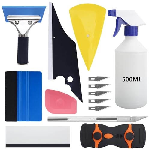 EZVEZS Kit Attrezzi per Pellicola Auto 14 Pezzi,Set di Applicazione Vinile, Spatole e Taglierino Professionale per Installazione Pellicole Vetri Auto, Adesivi e Fai da Te