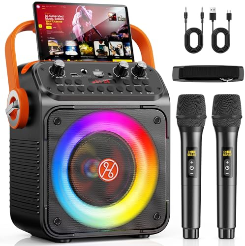 JYX Karaoke Machine 2 Microphones, Karaoke Machine for Adults, Portable Bluetooth Karaoke Speaker with PA System, 9 LED Lights, Supports USB/SD Card/AUX/Echo Adjustment/REC, for Gatherings, Family