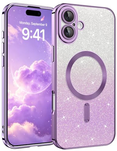 DUEDUE Glitzer Hülle für iPhone 17 6,3'' [Kompatibel mit MagSafe] Glitzer Handyhülle mit Kameraschutz, Magnetische Stoßfeste Schutzhülle Soft TPU für iPhone 17 Hülle, Lila