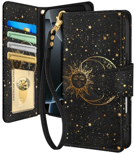 Toycamp for iPhone 16 Pro Wallet Case with Wrist Strap - Leather Flip Folio Phone Case with RFID Blocking 4 Card Holder for Apple for iPhone 16 Pro Funda Cute Aesthetic for Women Ladies, Sun and Moon