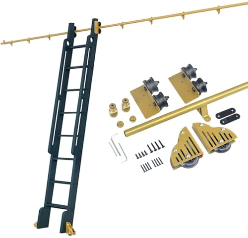 LBLFEBD Rolling Library Ladder Hardware Kit (No Ladder), Golden Round Tube Library Sliding Ladder Hardware Rolling Full Set Track Floor Roller with Brake for Home/Indoor/Loft