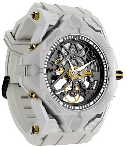 Rogbid T-RexM Skelett-Tourbillon mekanisk herrklocka, automatisk klocka med safirglas, jadestenhölje, undersida av titanlegering, fluorokol-gummiarmband, 100 m vattentät, vit