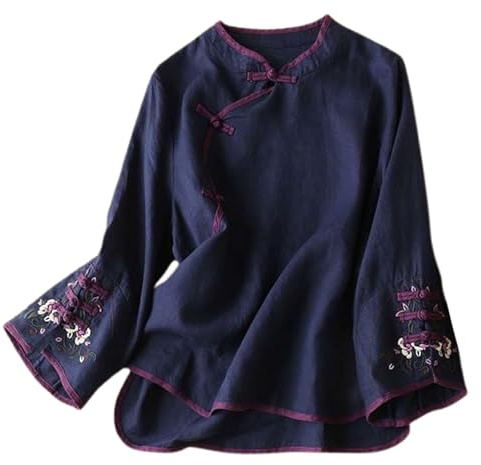 Zanisouta Chemisier en soie pour femme - Chemise chinoise à manches longues - Chemisier traditionnel brodé - Tunique - Cloche - Imprimé - Chemise décontractée - Bouton grenouille - Hauts Cheongsam