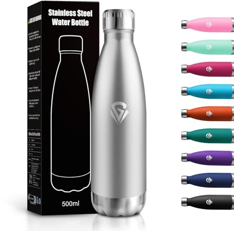 Edelstahl Trinkflasche 500ml, Thermosflasche Vakuum Doppelwandig, BPA-Frei & Kohlensäure Geeignet, Auslaufsicher, Isolierflasche für Büro, Reisen, Schule, Uni, Sprudel, Sport, Fitness