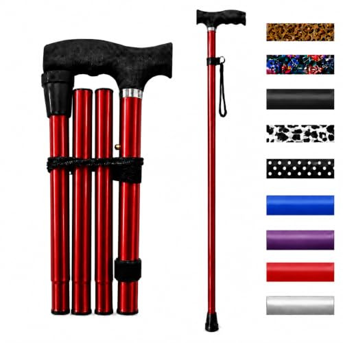 Life Healthcare Folding Walking Stick, Adjustable Aluminium Cane, Red | Lightweight folding aluminium cane with adjustable height, ergonomic handle and non-slip rubber tip for secure daily support.
