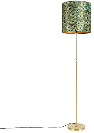 QAZQA - Klassisch I Antik Stehleuchte I Stehlampe I Standleuchte I Lampe I Leuchte Gold I Messing I Messing mit Veloursschirm Pfau 40I40 cm - Parte I Wohnzimmer I Schlafzimmer - Stahl Zylinder I Längl