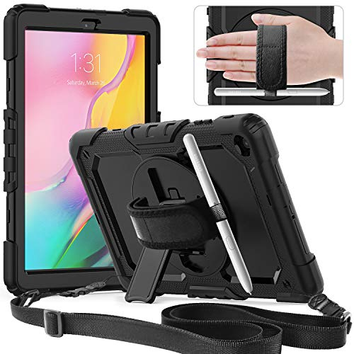 Timecity Case for Samsung Galaxy Tab A 10.1 2019 (SM-T510/ T515), Heavy Duty ShockProof Case with Screen Protector, 360 Rotating Stand, Hand/Shoulder Strap, Pen Holder, Black