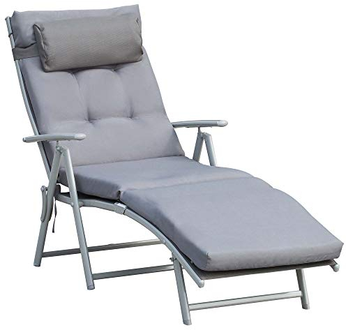 Outsunny Bain de Soleil Pliable transat inclinable 7 Positions Chaise Longue Grand Confort avec Matelas + accoudoirs métal époxy textilène Polyester Gris