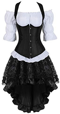 Grebrafan Steampunk Corsage Kostüm Karneval Unterbrust Korsett mit Piraten Rock und Bluse (EUR(42-44) 3XL, Schwarz)