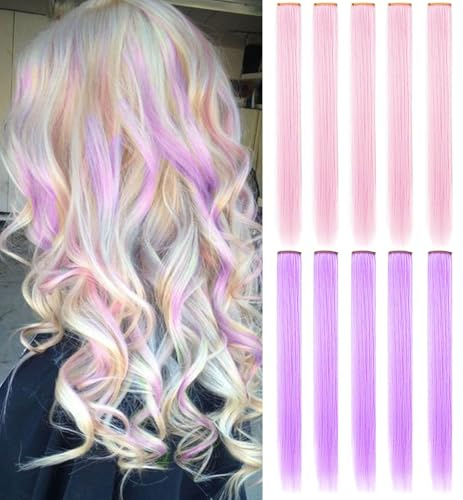 LSKJMO Colored Clip-in Hair Extensions,20'' 10pcs -Light Pink Light Purple | Clip-in Installation,Easy Application,Party Highlights,Lightweight,High temperature resistance,Colorfast,Tangle-resistant