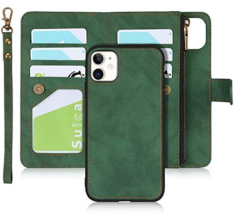 iCoverCase iPhone 11 Wallet Case with Card Holder, 2 in 1 PU Leather Case with Magnetic Clasp Zipper Pocket Shockproof Detachable Flip Case with Wrist Strap for iPhone 11 (Green)