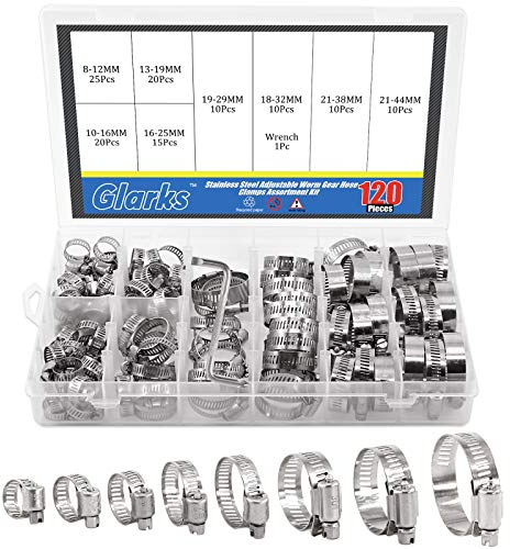 Glarks 120 Stück 304 Edelstahl Schlauchschellen Sortiment, Einstellbare 8–44 mm Schneckengetriebe Schlauch Clips Rohrschellen für Wasserleitungen, Gasrohr, Tank, Automobil-Tubing
