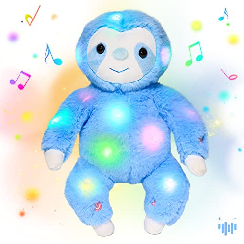 Hopearl LED Musical Plüsch Baum Faultier Leuchtet Stofftier Floppy Nachtlichter Glow in The Dark Geburtstagsfest für Kinder Kleinkinder, Blau, 32 cm