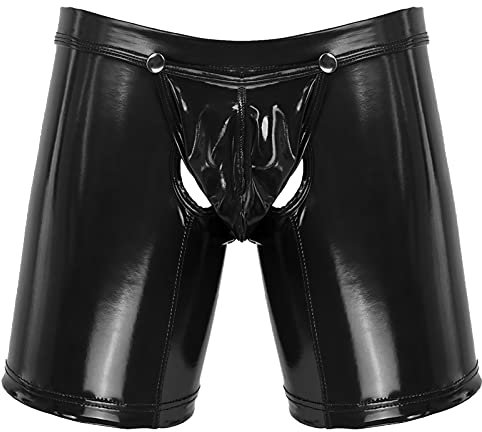 iEFiEL Herren Boxershorts Unterhose Slip Pants Hipster Lack Leder Wetlook Männer Unterwäsche schwarz M L XL XXL Ouvert Schwarz L