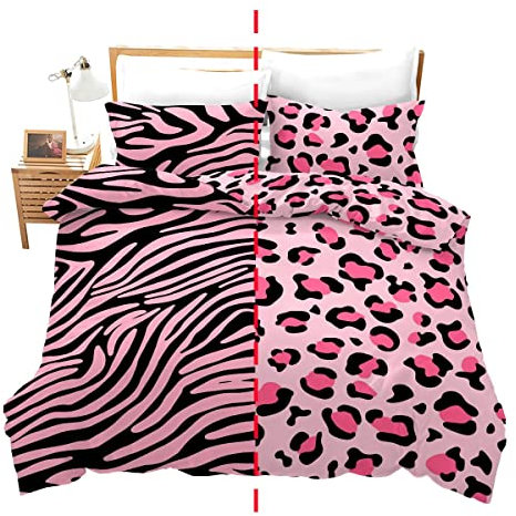 Homemissing Parure de Lit Imprimé Léopard 220x240cm Parure Rayures Zébrées Housse de Couette pour Safari Faune Fourrure Housse de Couette Rose Noir Zoo Texture Peau Animale Décor de Chambre